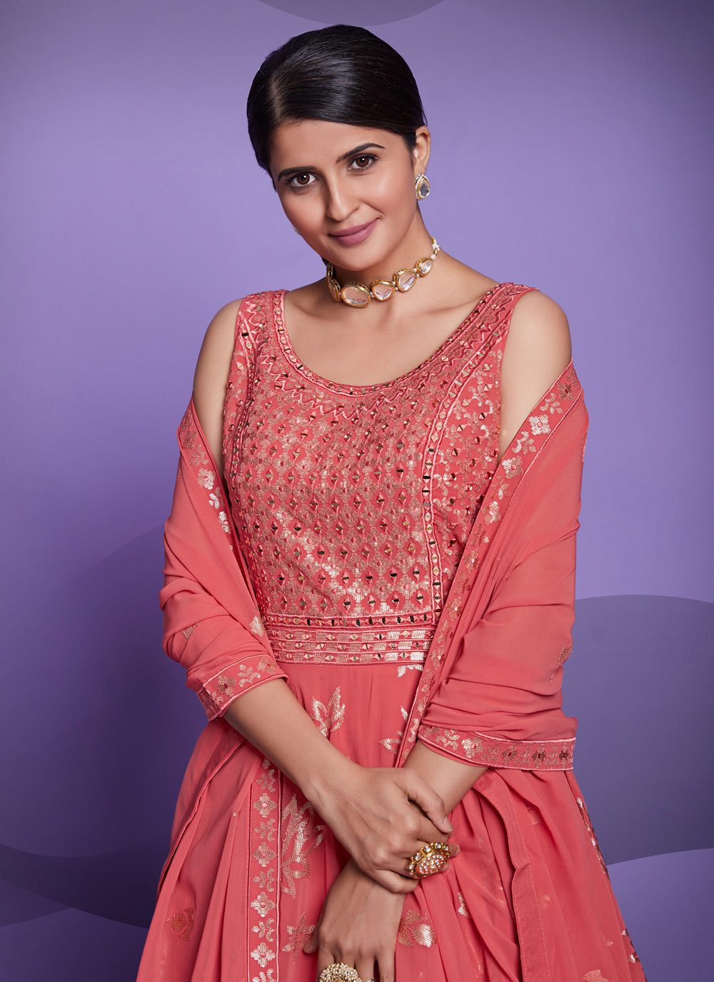 Georgette Sequins Pink Floor Length Gown Clothsvilla