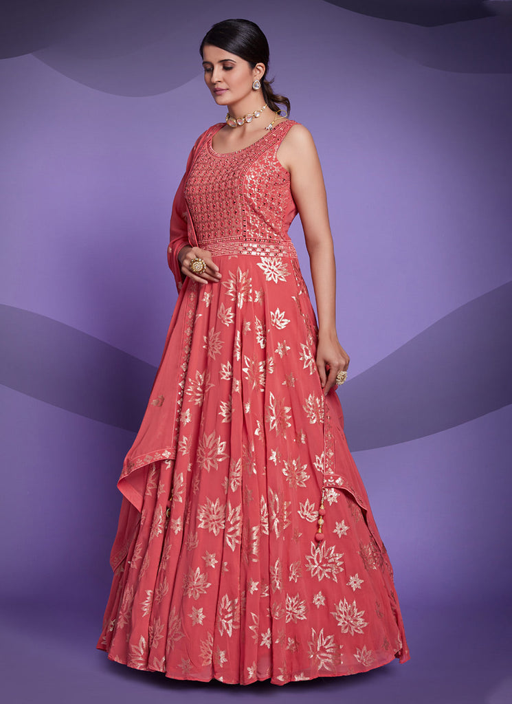 Georgette Sequins Pink Floor Length Gown Clothsvilla