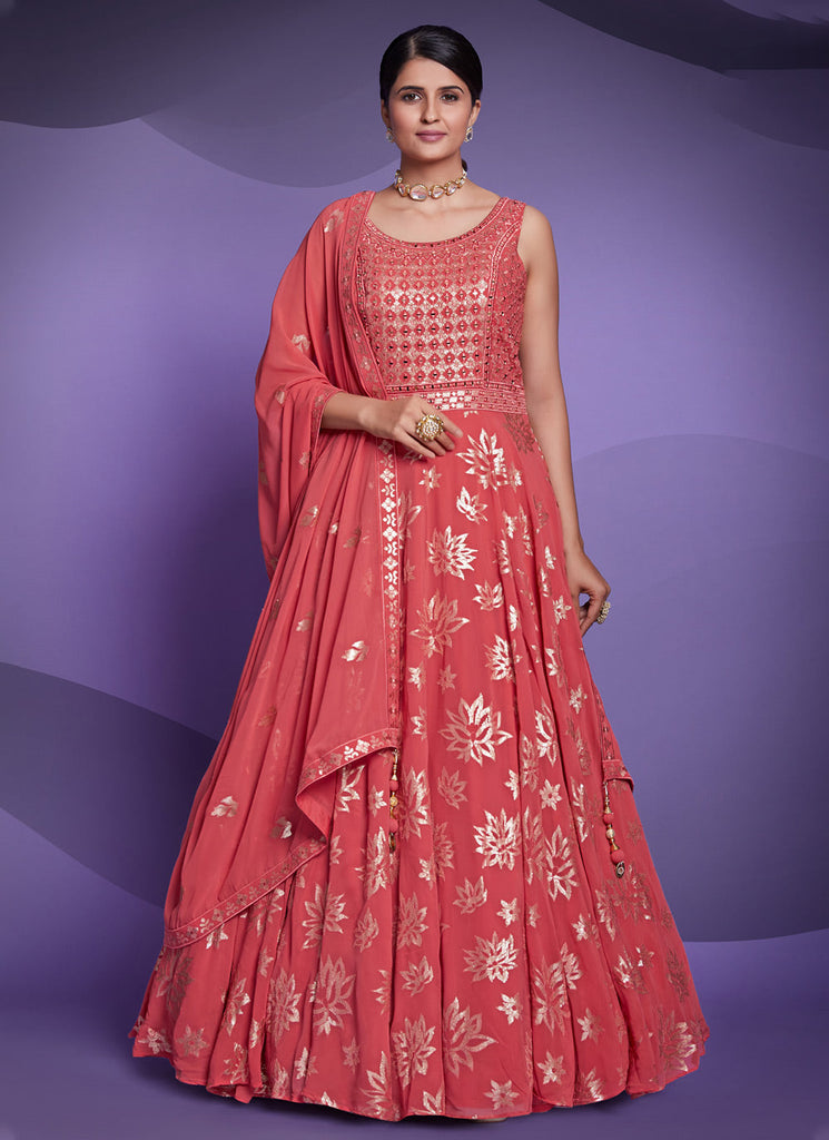 Georgette Sequins Pink Floor Length Gown Clothsvilla