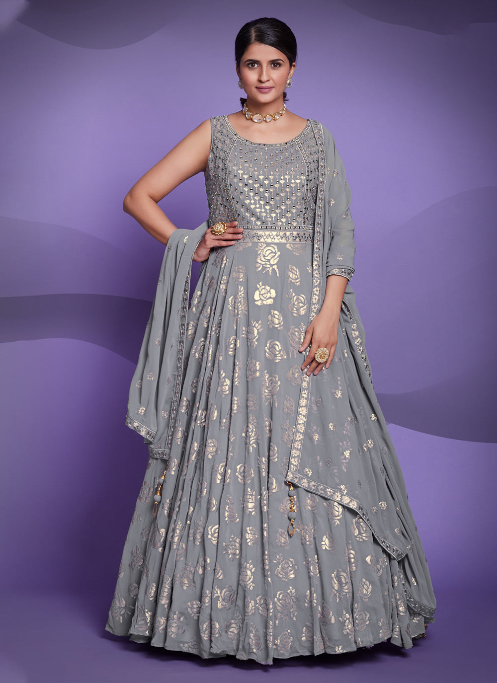Georgette Sequins Grey Designer Gown Clothsvilla Main image