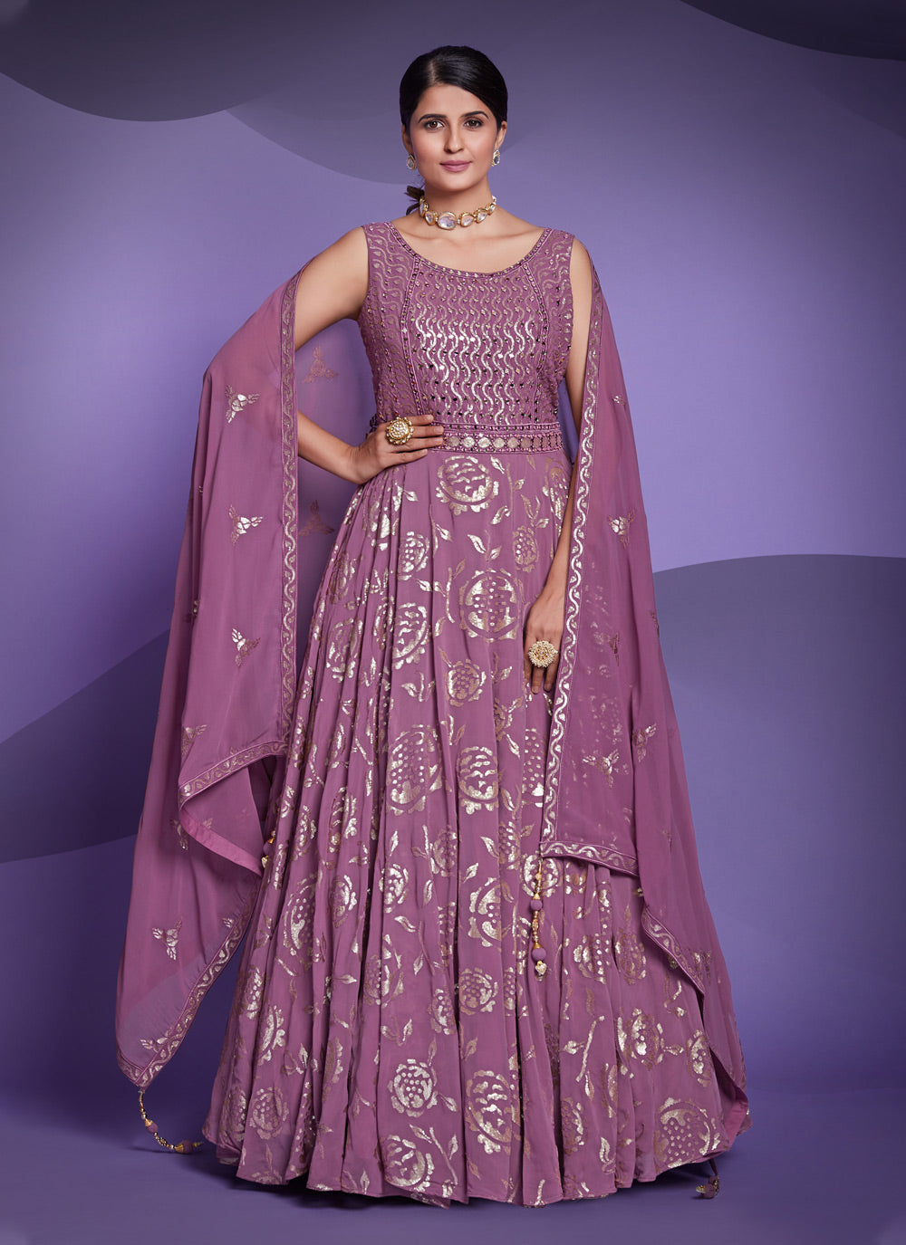 Readymade Gown Sequins Georgette In Purple For Wedding Clothsvilla Main image