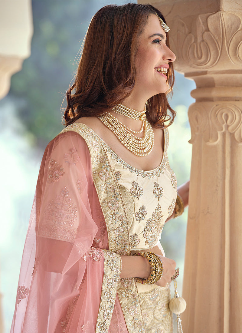 Cream Color Crepe Fabric Sequins And Stone Work Lehenga Clothsvilla