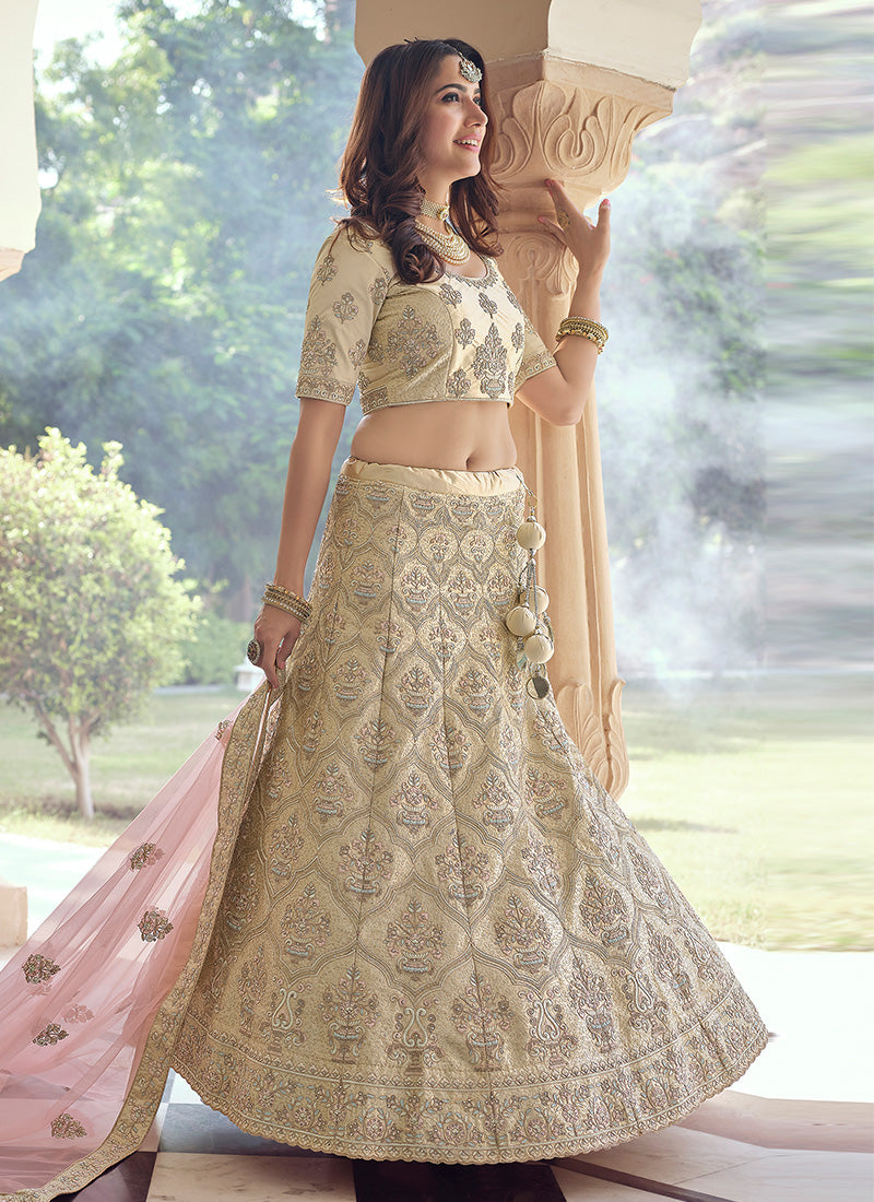 Cream Color Crepe Fabric Sequins And Stone Work Lehenga Clothsvilla
