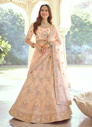 Peach Color Crepe Material Sequins And Thread Work Lehenga Clothsvilla