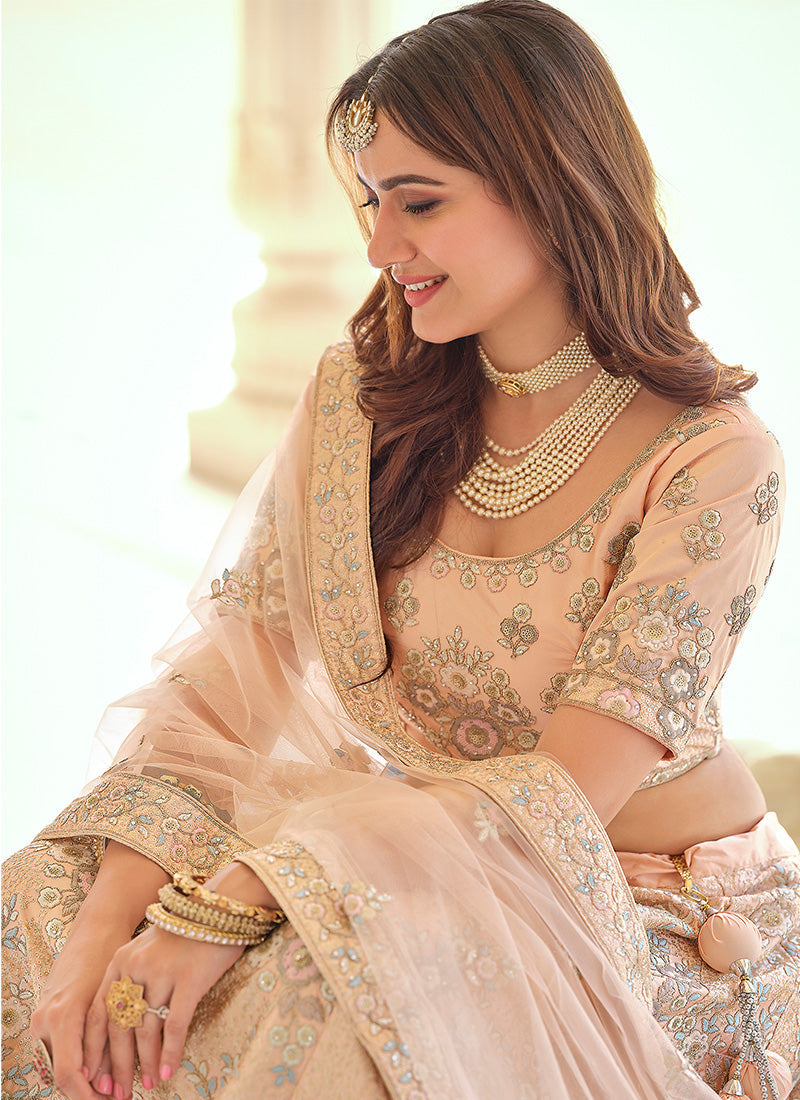 Peach Color Crepe Material Sequins And Thread Work Lehenga Clothsvilla