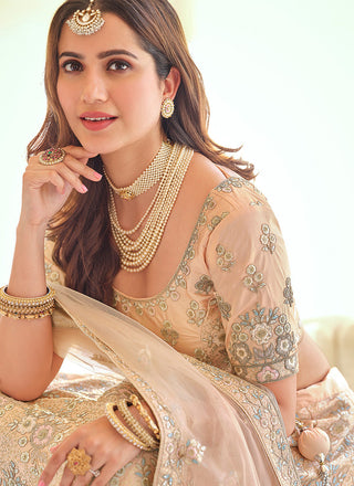 Peach Color Crepe Material Sequins And Thread Work Lehenga Clothsvilla