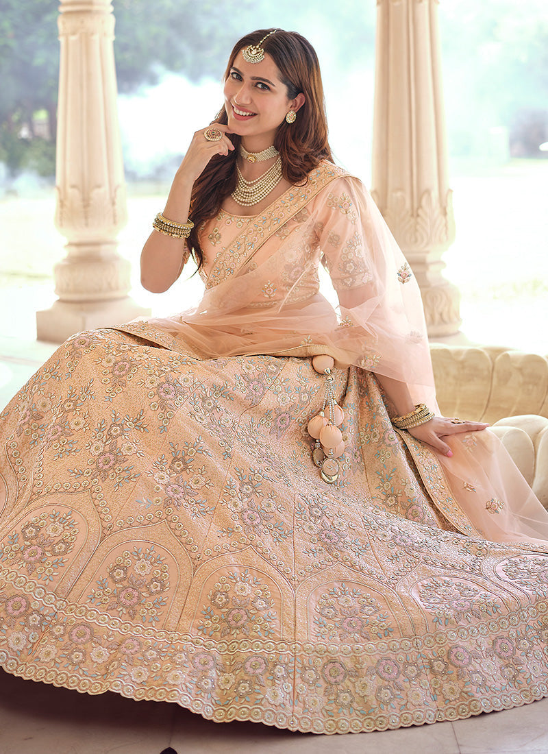 Peach Color Crepe Material Sequins And Thread Work Lehenga Clothsvilla