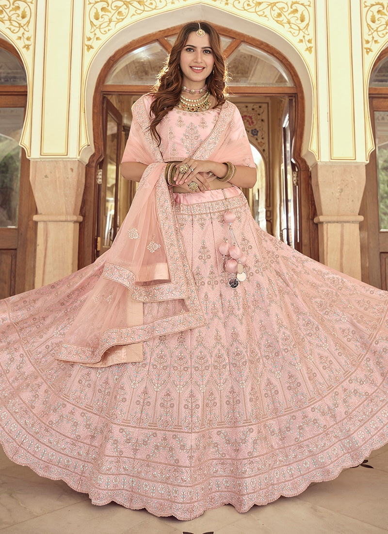 Baby Pink Color Crepe Material Sequins And Dori Work Lehenga Clothsvilla