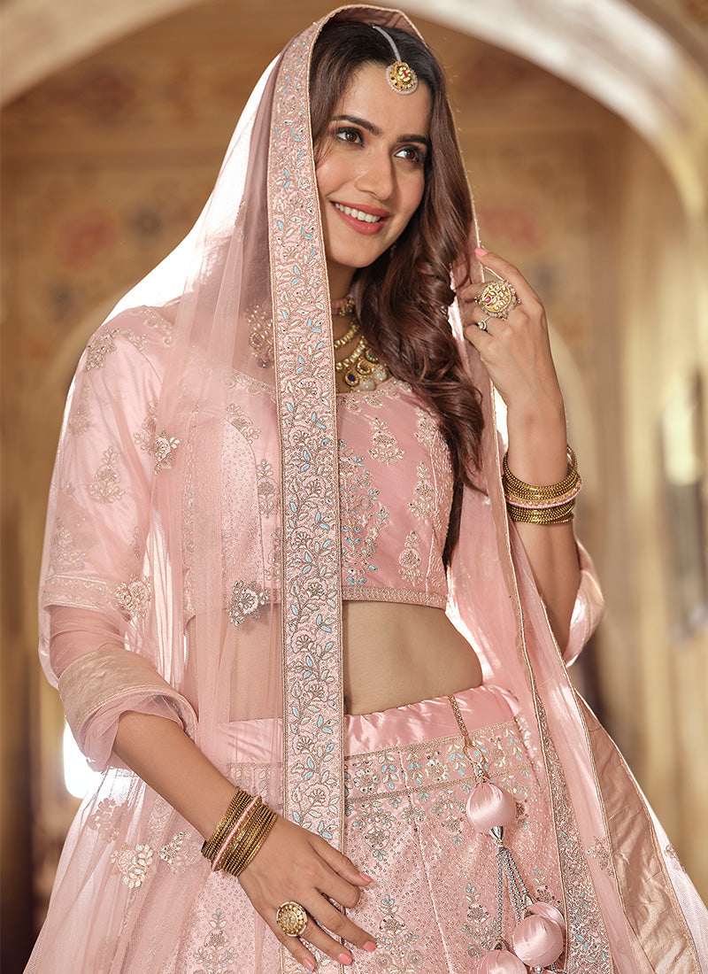 Baby Pink Color Crepe Material Sequins And Dori Work Lehenga Clothsvilla