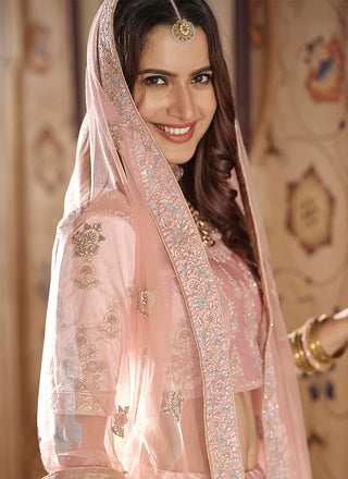 Baby Pink Color Crepe Material Sequins And Dori Work Lehenga Clothsvilla