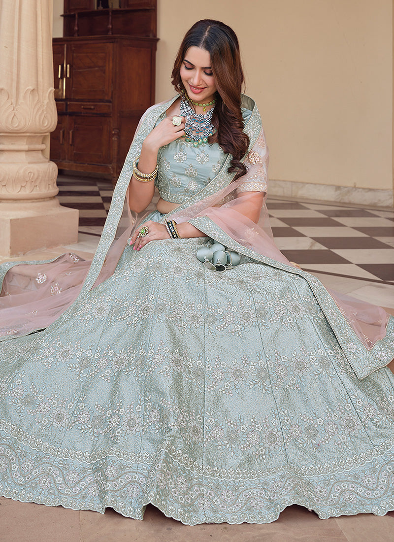 Grey Color Crepe Material Sequins Work Kalidar Lehenga Clothsvilla