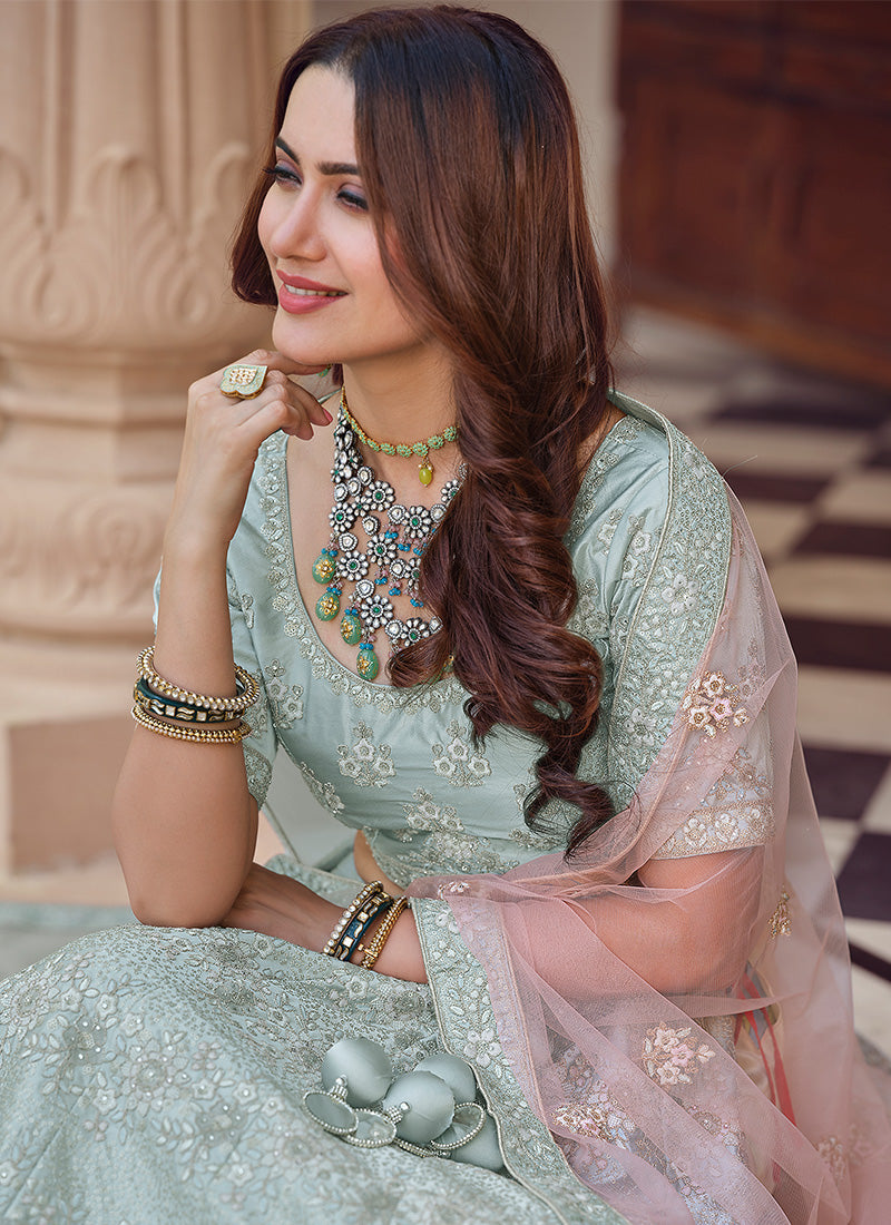 Grey Color Crepe Material Sequins Work Kalidar Lehenga Clothsvilla