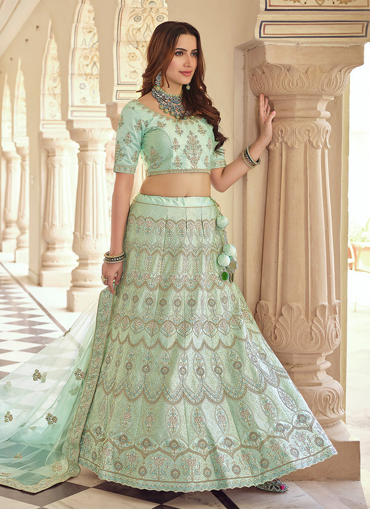 Crepe Silk Fabric Lehenga & Choli in Cream Color with Resham, Embroidered,  Sequence, Zircon Work with Net Dupatta