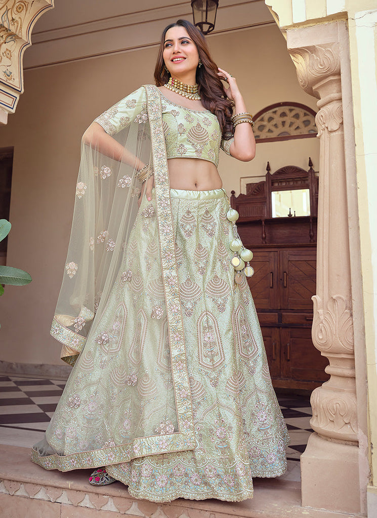 Green Color Crepe Material Thread And Sequins Work Lehenga Clothsvilla