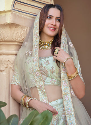 Green Color Crepe Material Thread And Sequins Work Lehenga Clothsvilla