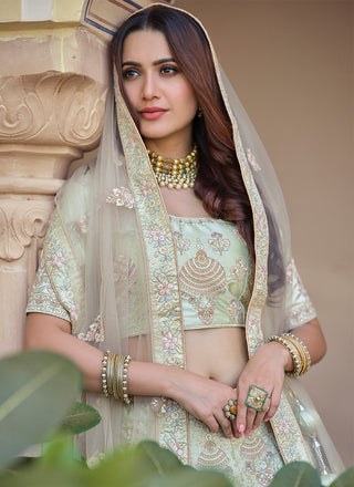 Green Color Crepe Material Thread And Sequins Work Lehenga Clothsvilla
