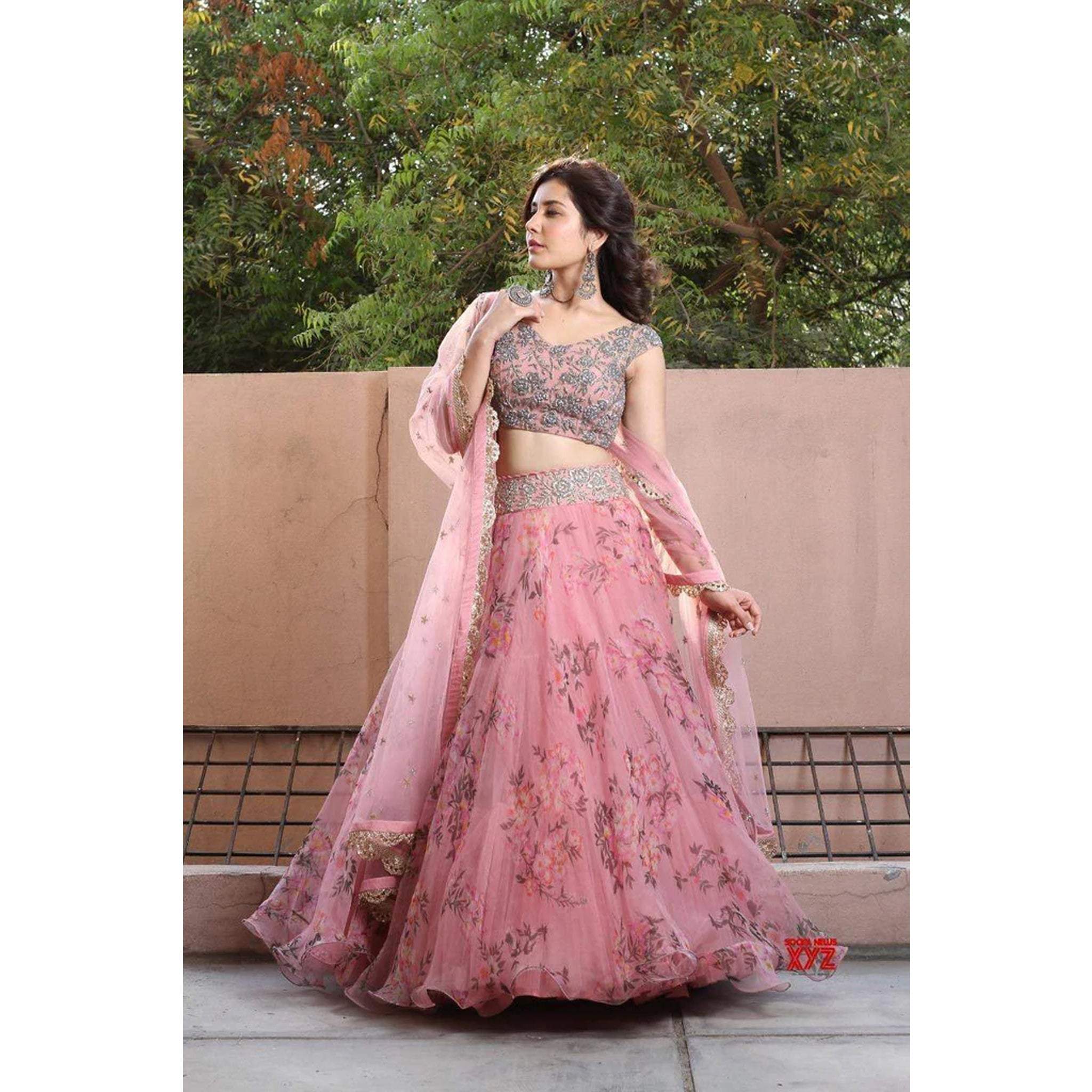 Floral Printed Pink Lehenga in Organza Silk and Embroidery Work ClothsVilla Main image