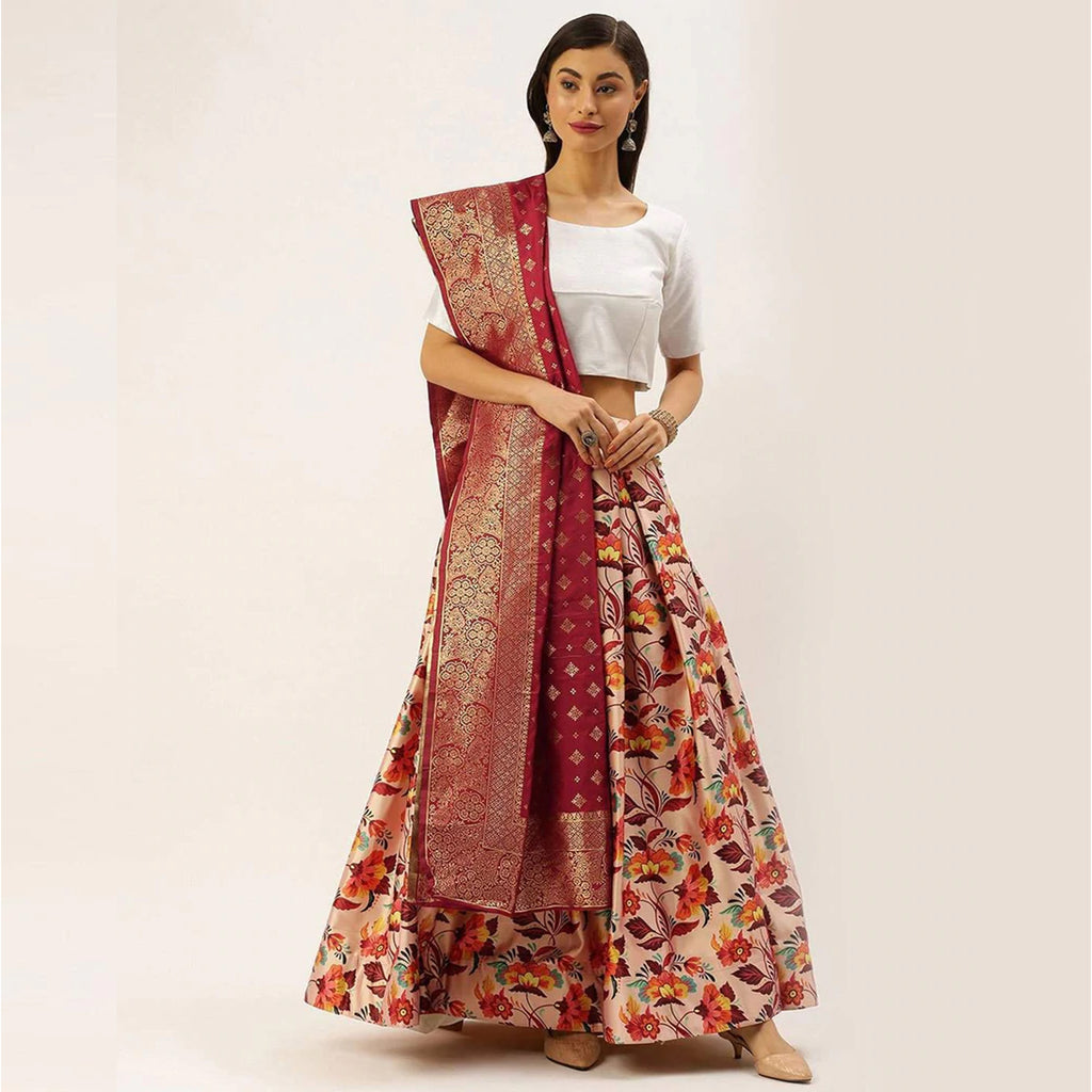 Floral Printed Satin Silk Lehenga Choli with Phantom Silk Unstitched Blouse and Dupatta ClothsVilla
