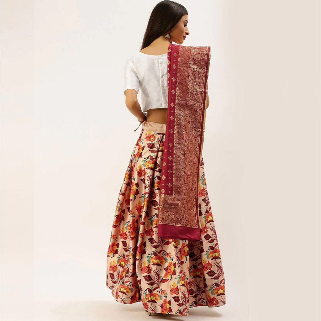 Floral Printed Satin Silk Lehenga Choli with Phantom Silk Unstitched Blouse and Dupatta ClothsVilla