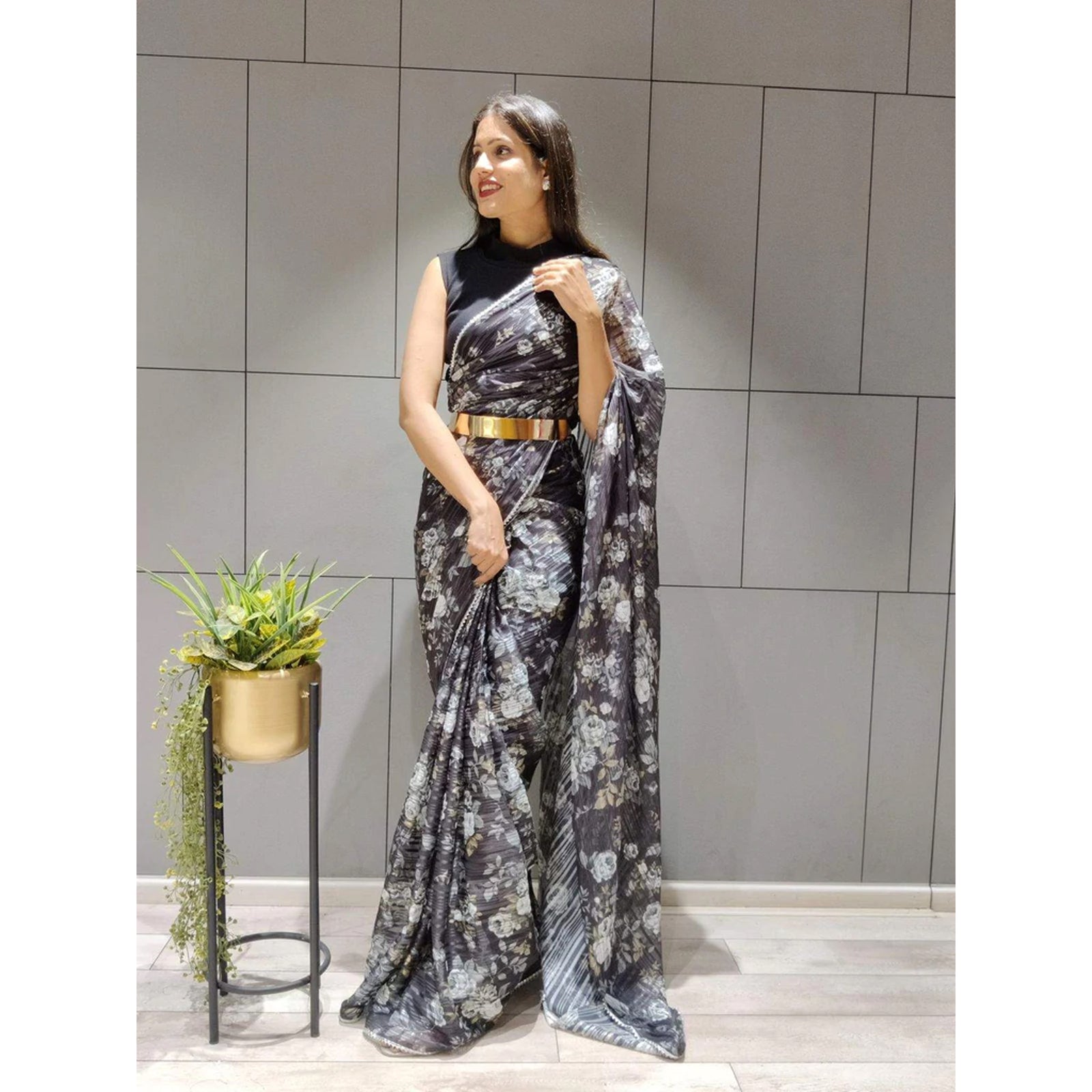 Flower Printed Ready to wear Chiffon Saree with Metal Belt ClothsVilla