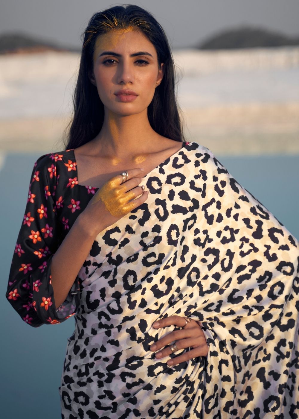 Black and White Leopard Print Crepe Silk Saree Clothsvilla