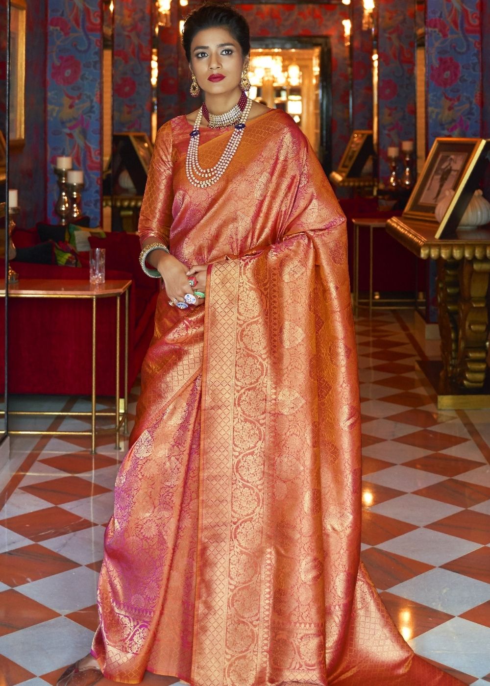Blush Red and Golden Blend Woven Kanjivaram Soft Silk Saree Clothsvilla Main image