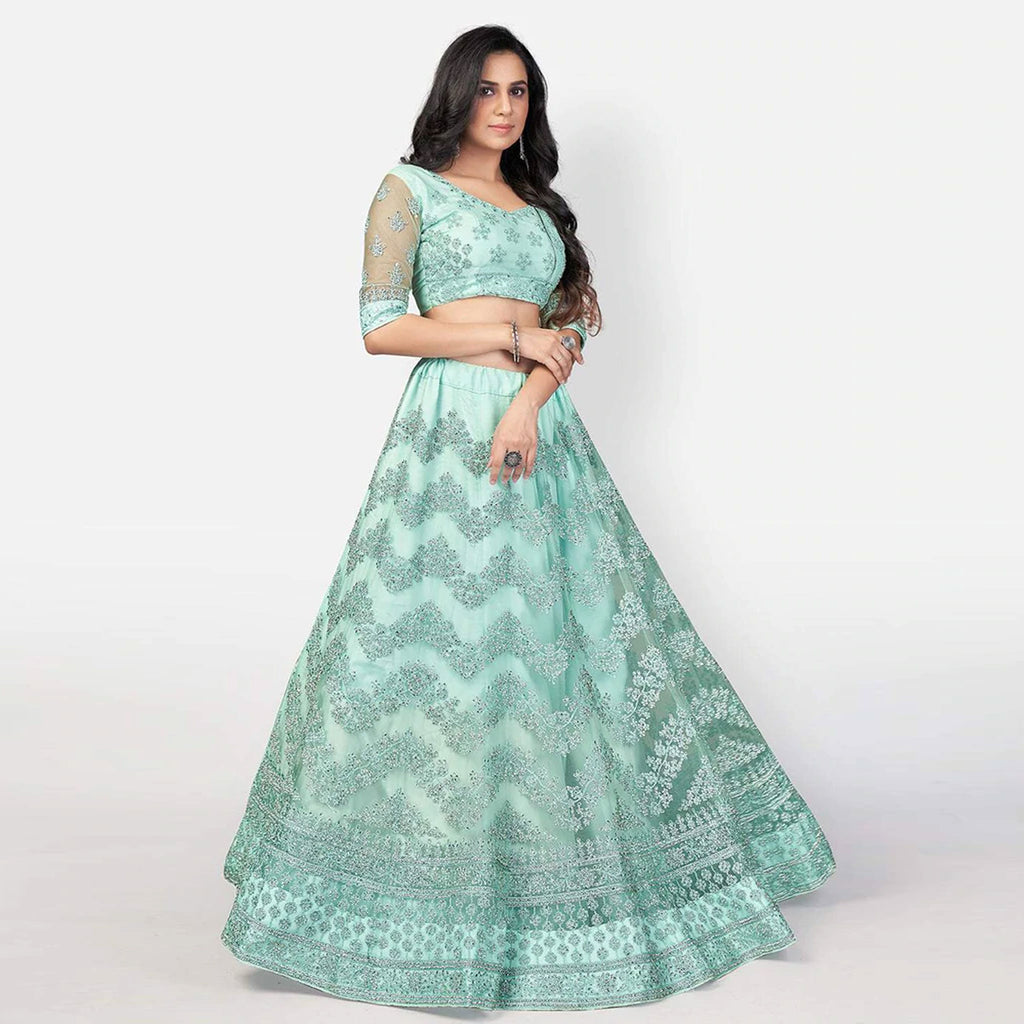 Summer Green Soft Net Embroidery and Zaken Work Lehenga choli ClothsVilla