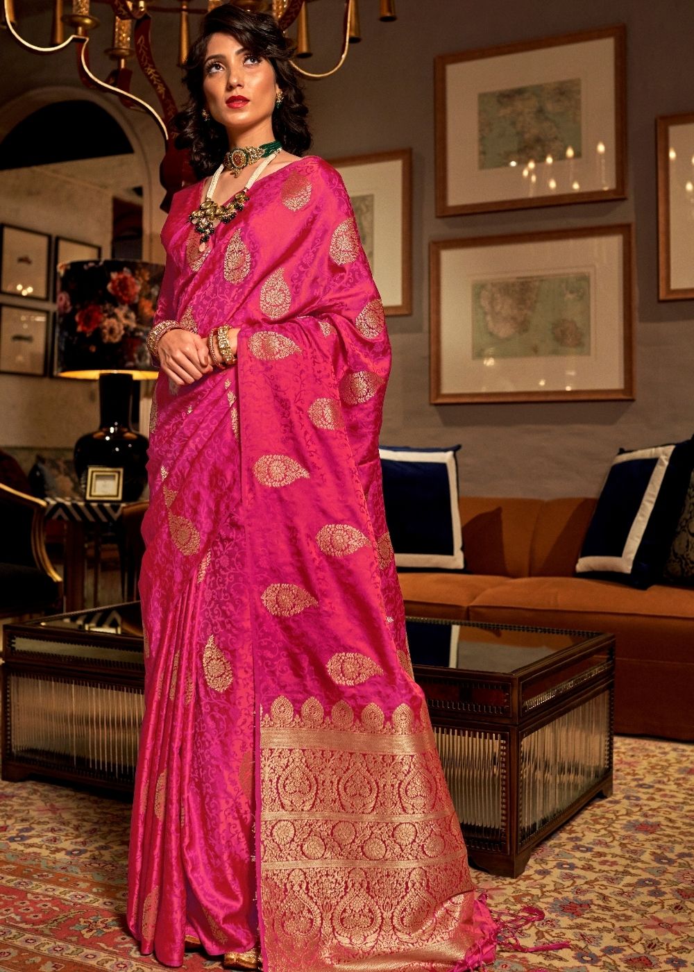 Ruby Pink Satin Woven Silk Saree with overall Golden Buti Clothsvilla