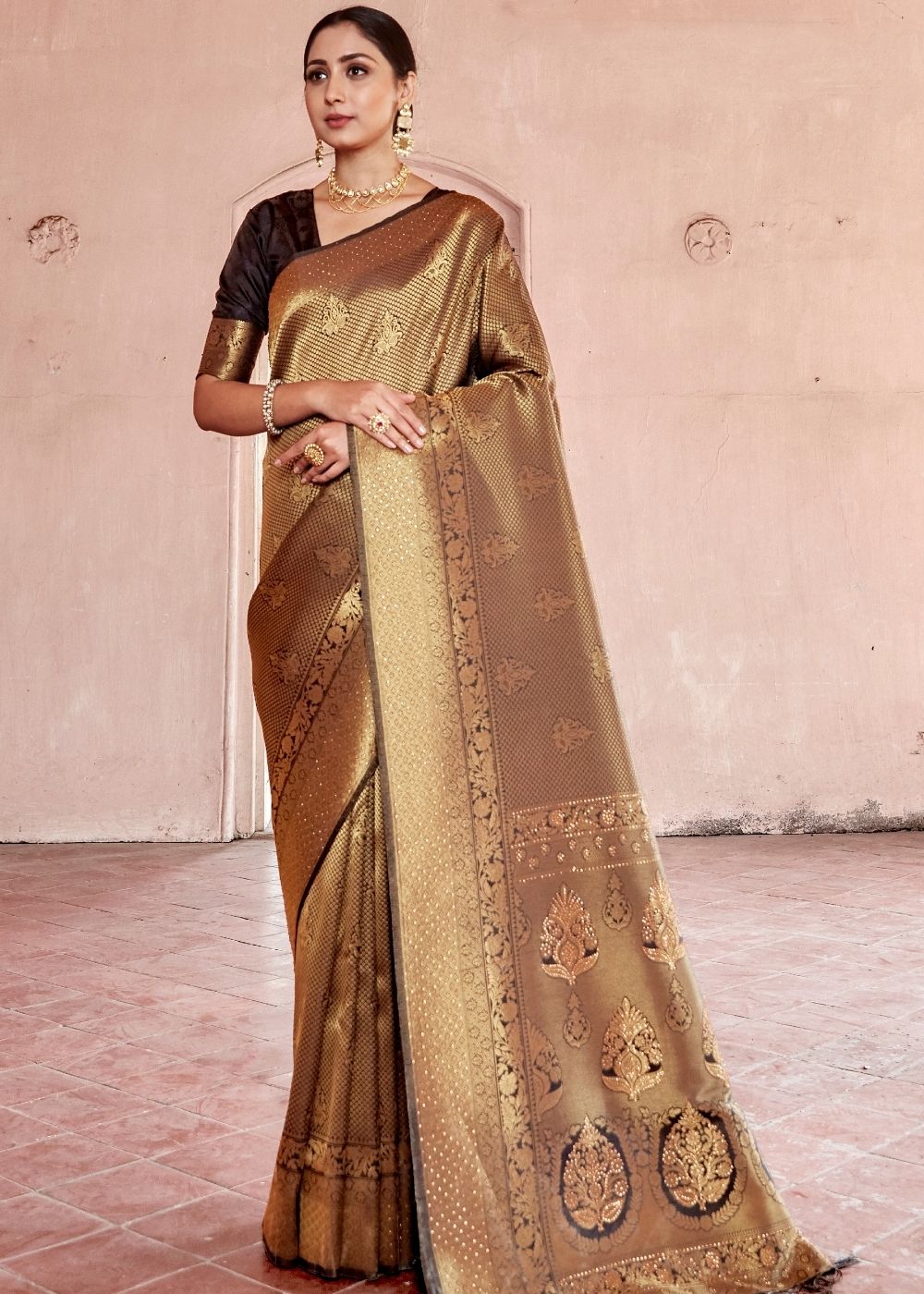 Cedar Brown Handloom Weave Kanjivaram Silk Saree with Swaroski work Clothsvilla Main image