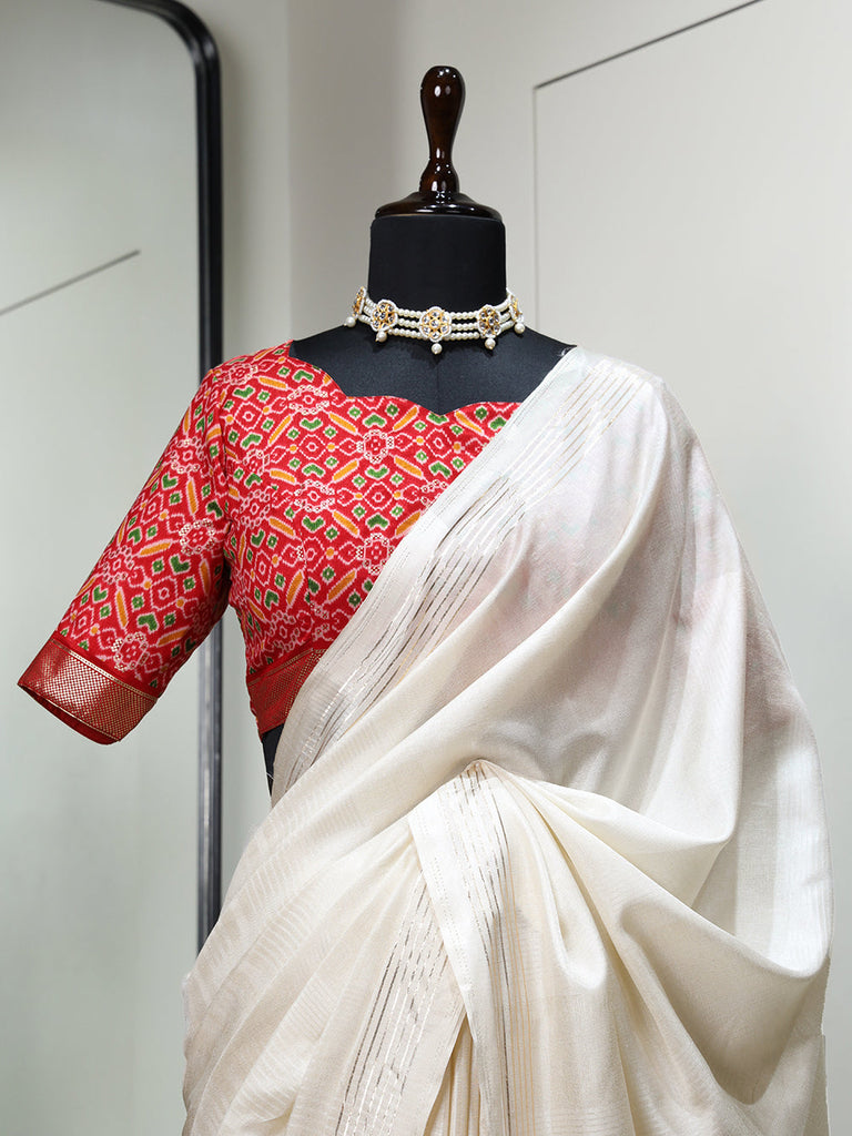 White Color Plain Manipuri Tussar Indian Wedding Saree Clothsvilla