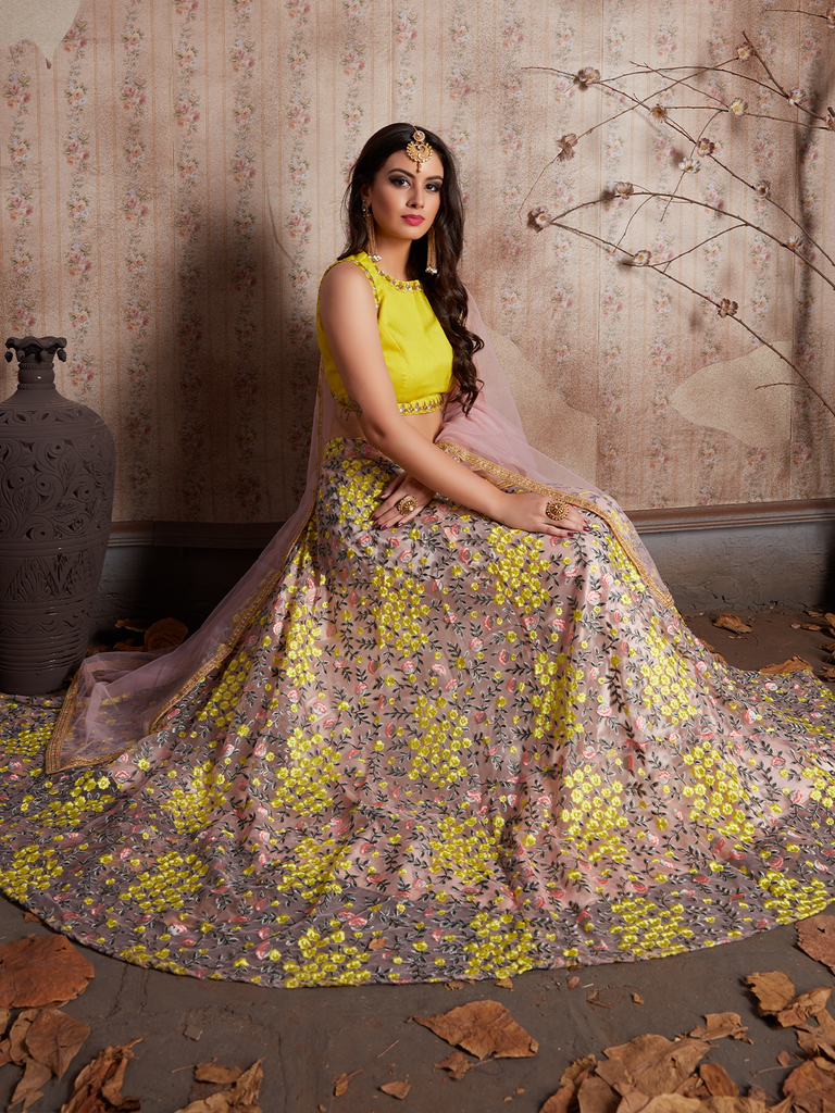 Peach Embroidered Semi Stitched Lehenga With Unstitched Blouse Clothsvilla