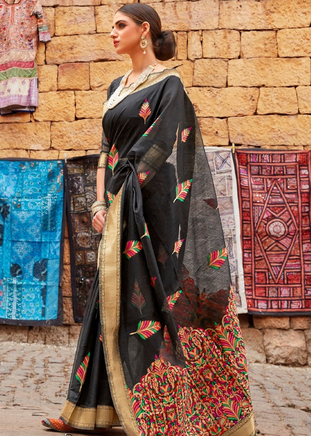 Sable Black Linen Silk Saree with Colorful Weaving work Clothsvilla Main image