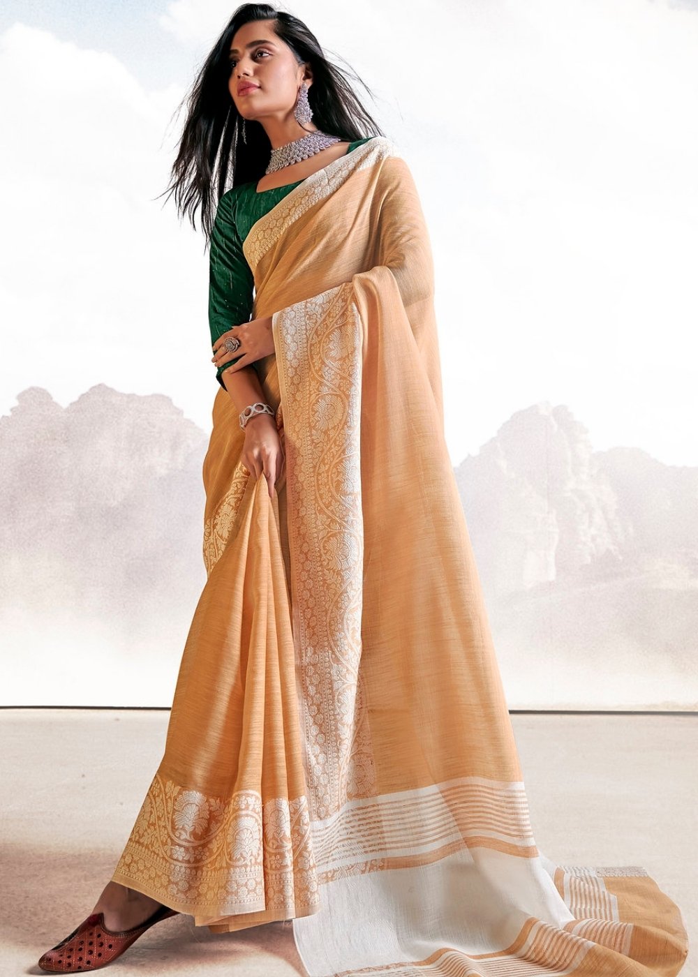Salmon Orange Soft Linen Silk Saree with Lucknowi work and Sequence Blouse Clothsvilla Main image