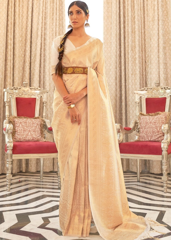 Parchment White & Golden Zari Woven Kanjivaram Silk Saree with Tassels on Pallu Clothsvilla