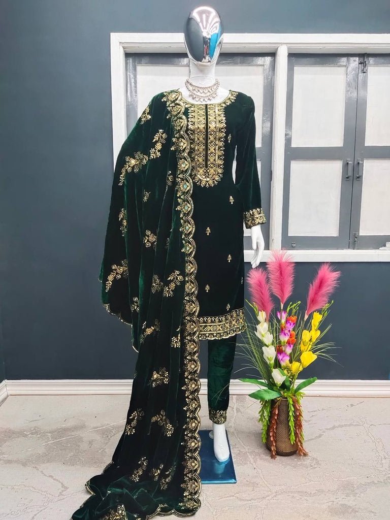 Fashionable Velvet Green Color Salwar Suit Clothsvilla