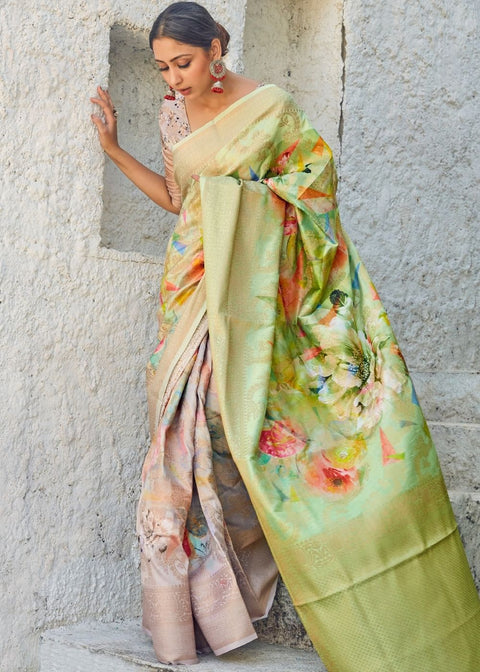 Lime Green Digital Printed Satin Silk Saree Clothsvilla Main image