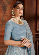 Load image into Gallery viewer, Pigeon Blue Soft Net Lehenga Choli with Thread,Zari, Zarkan &amp; Pearl work Clothsvilla