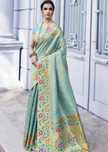 Load image into Gallery viewer, Arctic Blue and Golden Blend Silk Saree with Floral Woven Border and Pallu Clothsvilla