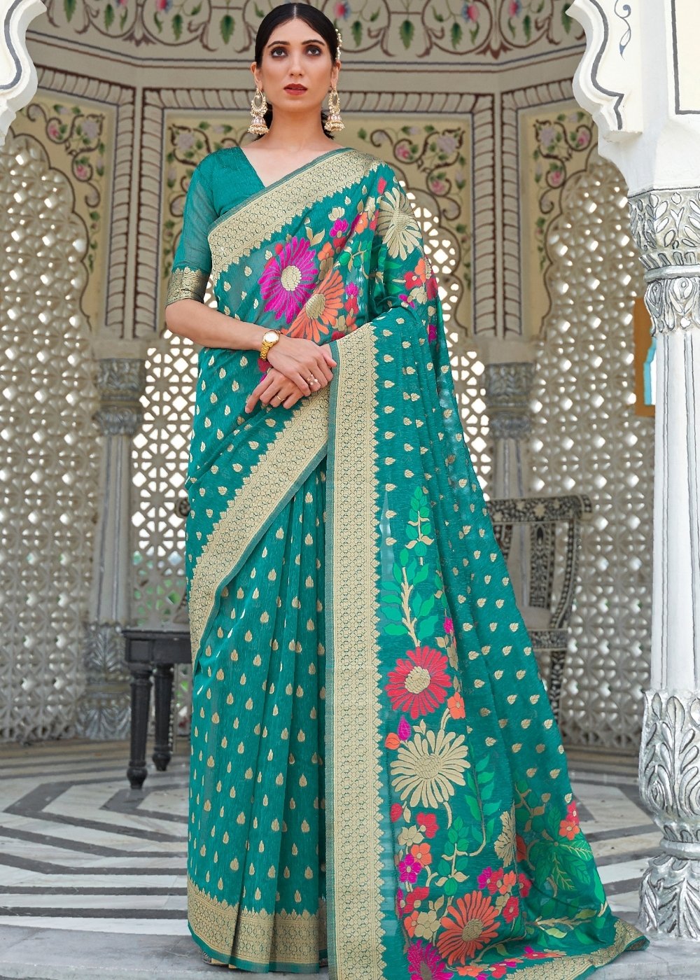 Pine Green Floral Embroidered Linen Silk Saree Clothsvilla Main image