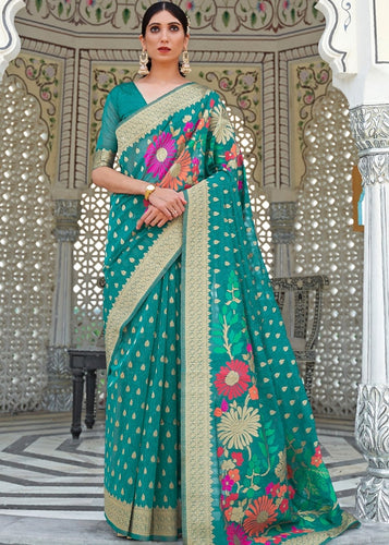 Pine Green Floral Embroidered Linen Silk Saree Clothsvilla