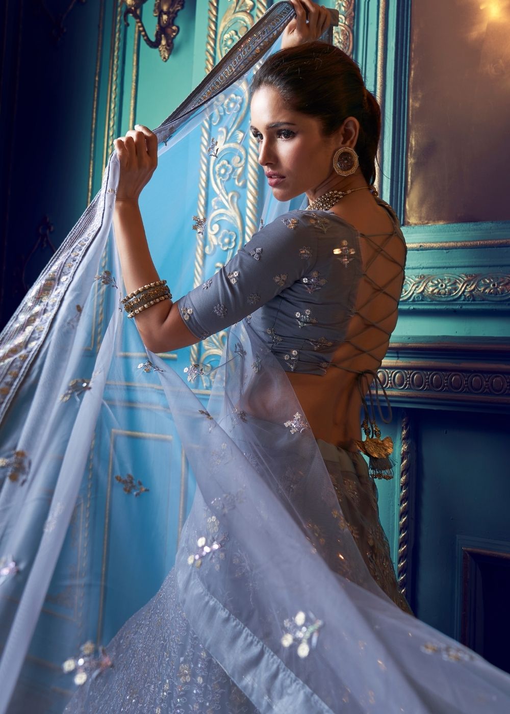 Flint Grey Designer Soft Net Lehenga Choli with Sequin work and Thread work Clothsvilla