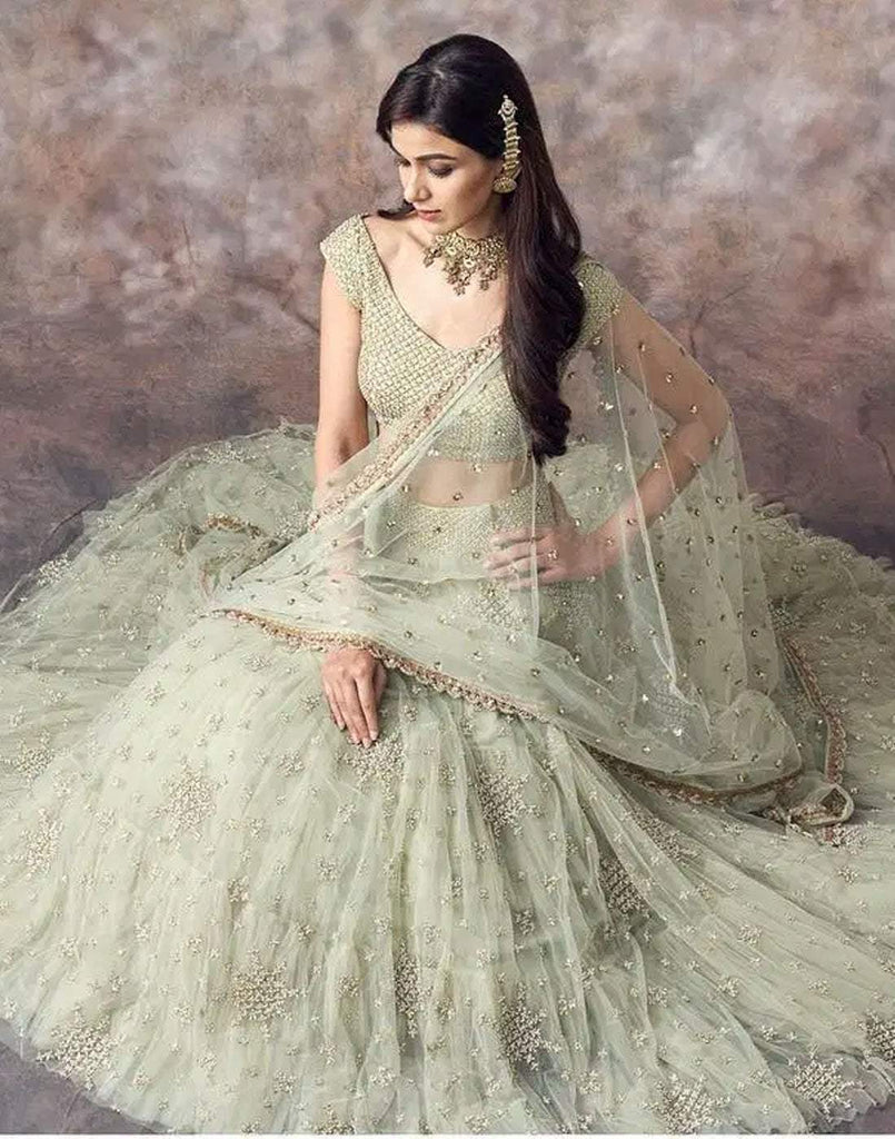 Lehenga Choli In Mint Green Color with Satin Blouse and Dupatta ClothsVilla
