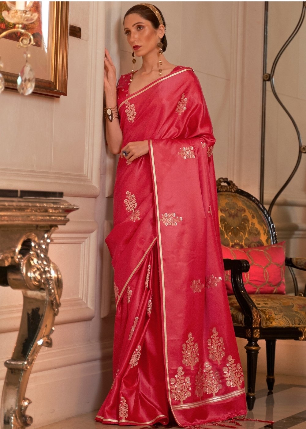 Radical Red Designer Satin Silk Saree Clothsvilla Main image