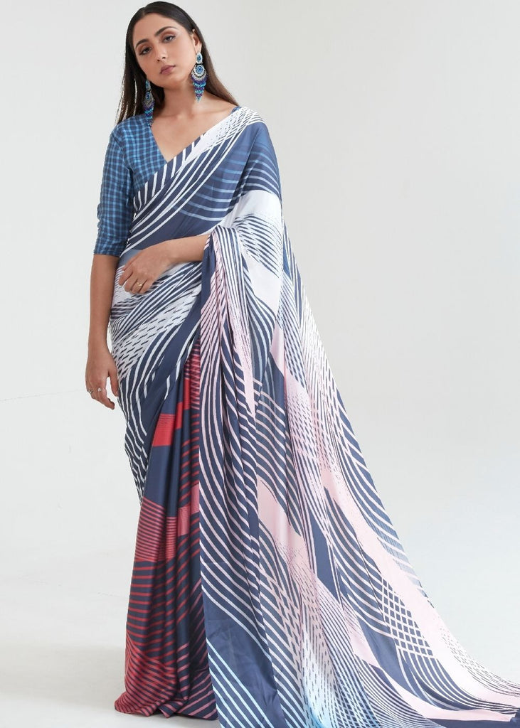 Steel Blue & White Satin Silk Digital Printed Saree Clothsvilla