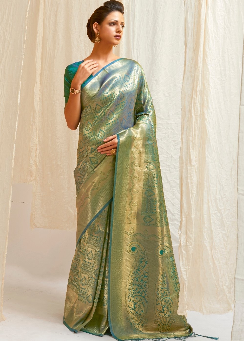 Pine Green & Golden Blend Kanjivaram Silk Saree Clothsvilla Main image