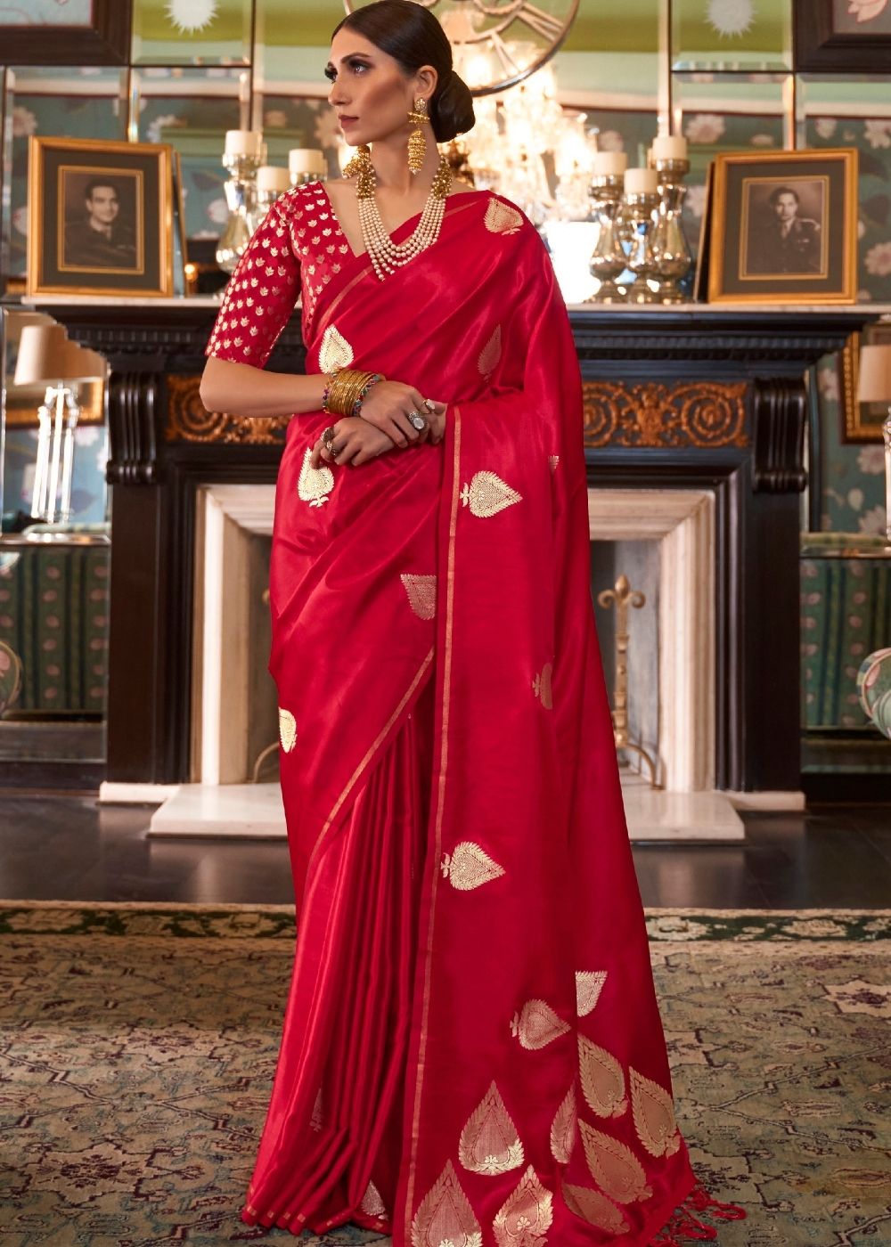 Rose Red Zari Butta Woven Banarasi Silk Saree : Top Pick Clothsvilla