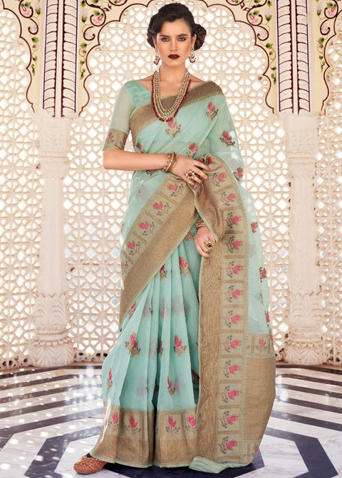 Turkish Blue Linen Woven Silk Saree with Zari work on Border and Pallu Clothsvilla Main image