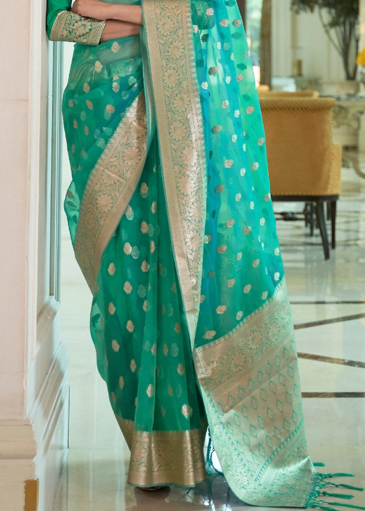 Jungle Green Zari Woven Organza Silk Saree Clothsvilla