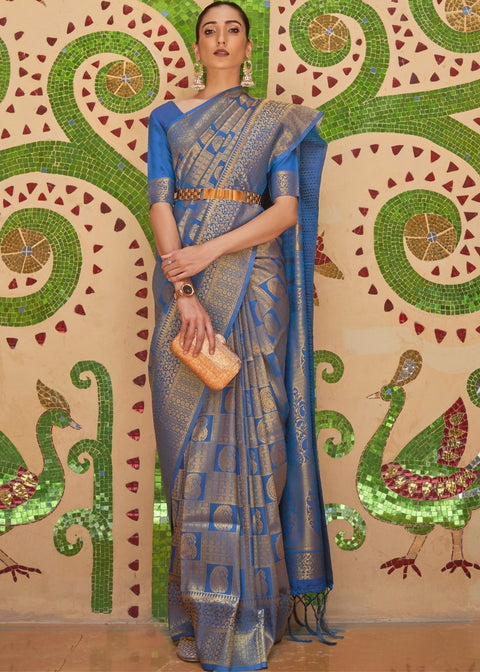 Sapphire Blue Zari Woven Kanjivaram Silk Saree Clothsvilla Main image