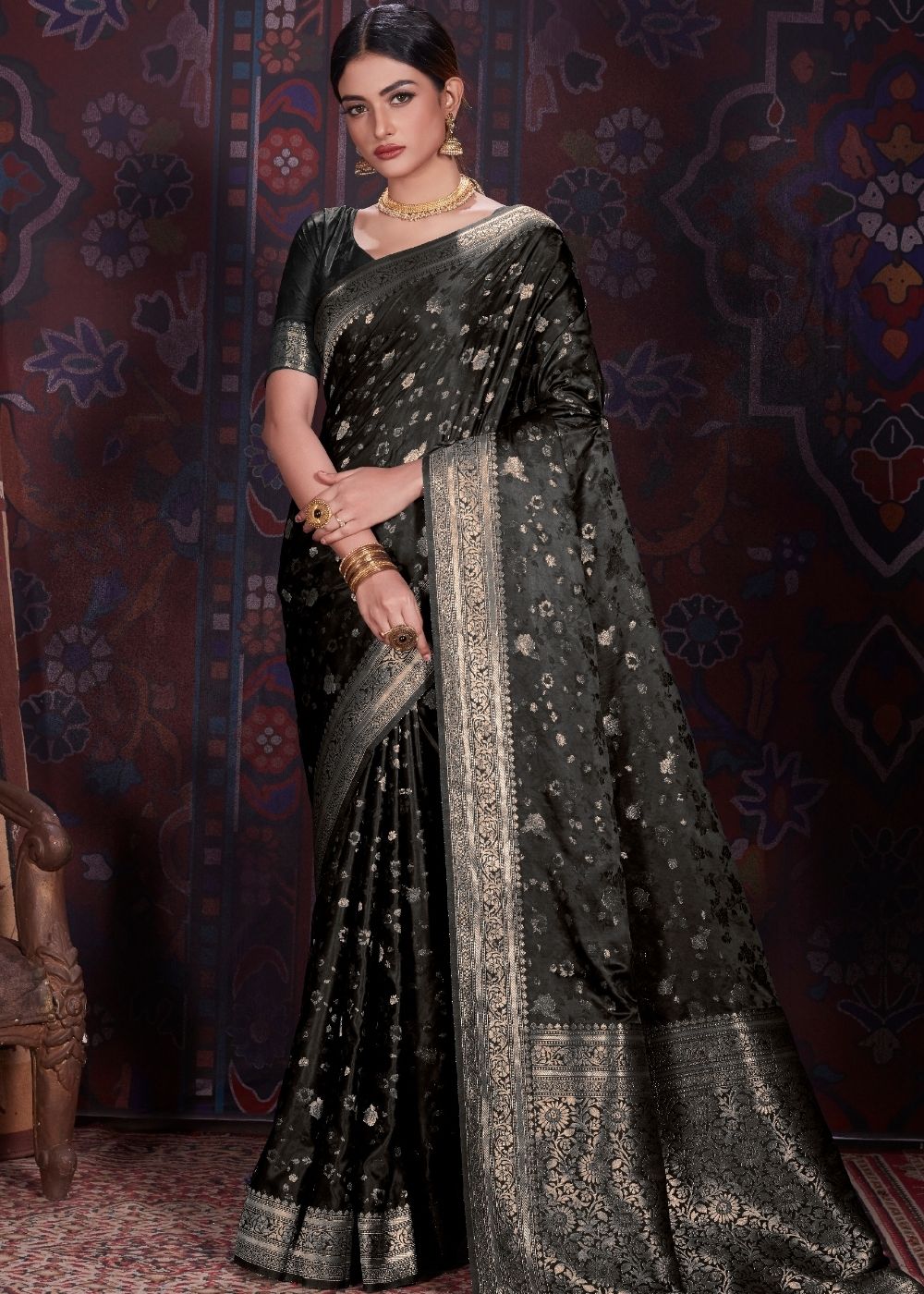 Pitch Black Zari Woven Satin Silk Saree Clothsvilla Main image